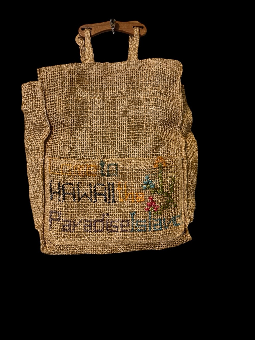 Vintage Hawaiian Embroidered Burlap/Jute Market Bag With Wheels.